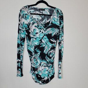 Y2K INC Dark Floral Ruched Long Sleeve Top Size S/M Black Blue Sequin Roses 90s